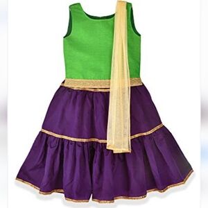 Girls 3 Piece Purple & Green Traditional Indian Lengha Set - Size 5 New